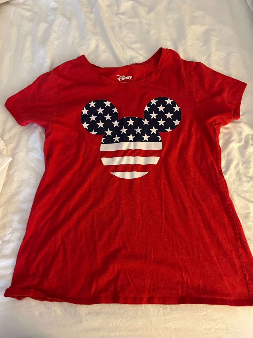 PATRIOTIC women’s Red Short Sleeve Tee with Stars & Stripes Mickey Graphic